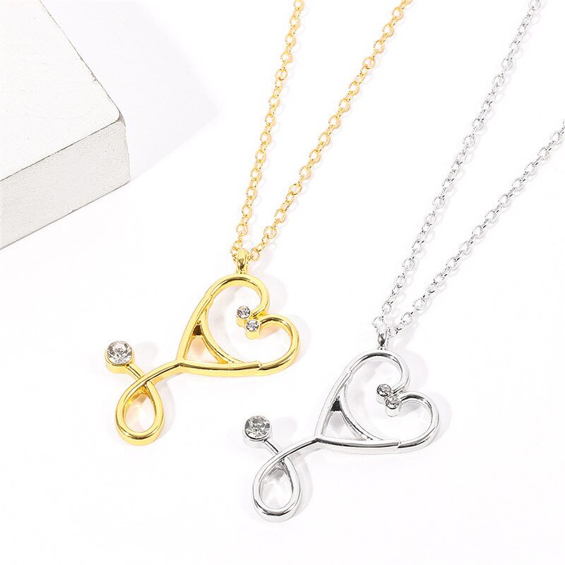 Stethoscope Diamante Pendant Necklace - Gold