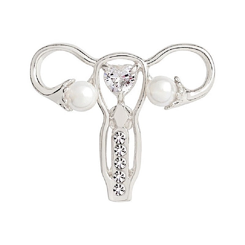 Silver Uterus Diamante Pin, a stylish accessory representing women's health advocacy and empowerment.