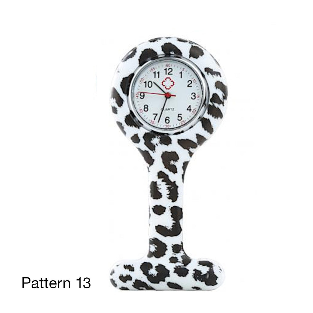 Chic black and white leopard print fob watch, an elegant accessory for healthcare professionals and nurses