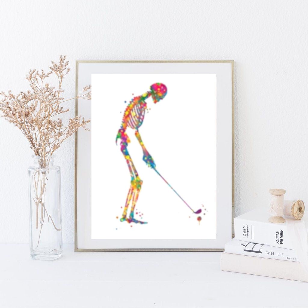 Skeleton Golfing 100% Cotton Canvas Watercolour Print