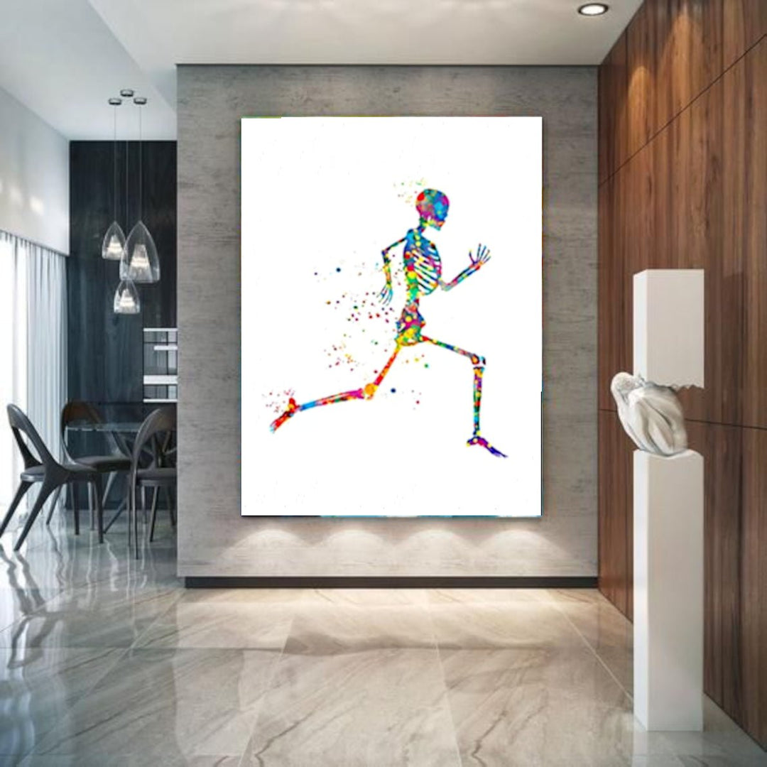 Skeleton Running 100% Cotton Canvas Watercolour Print - An inspiring piece for health and fitness professionals, perfect for motivating patients in rehabilitation and wellness programs.