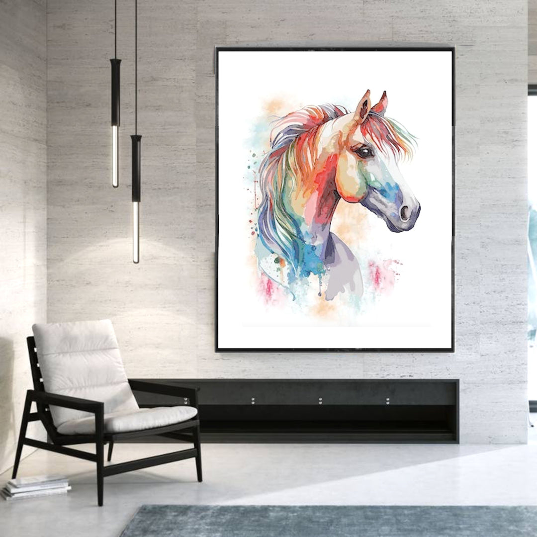 An abstract watercolor print of a horse, showcasing vibrant colors and artistic details, designed for the veterinary profession.