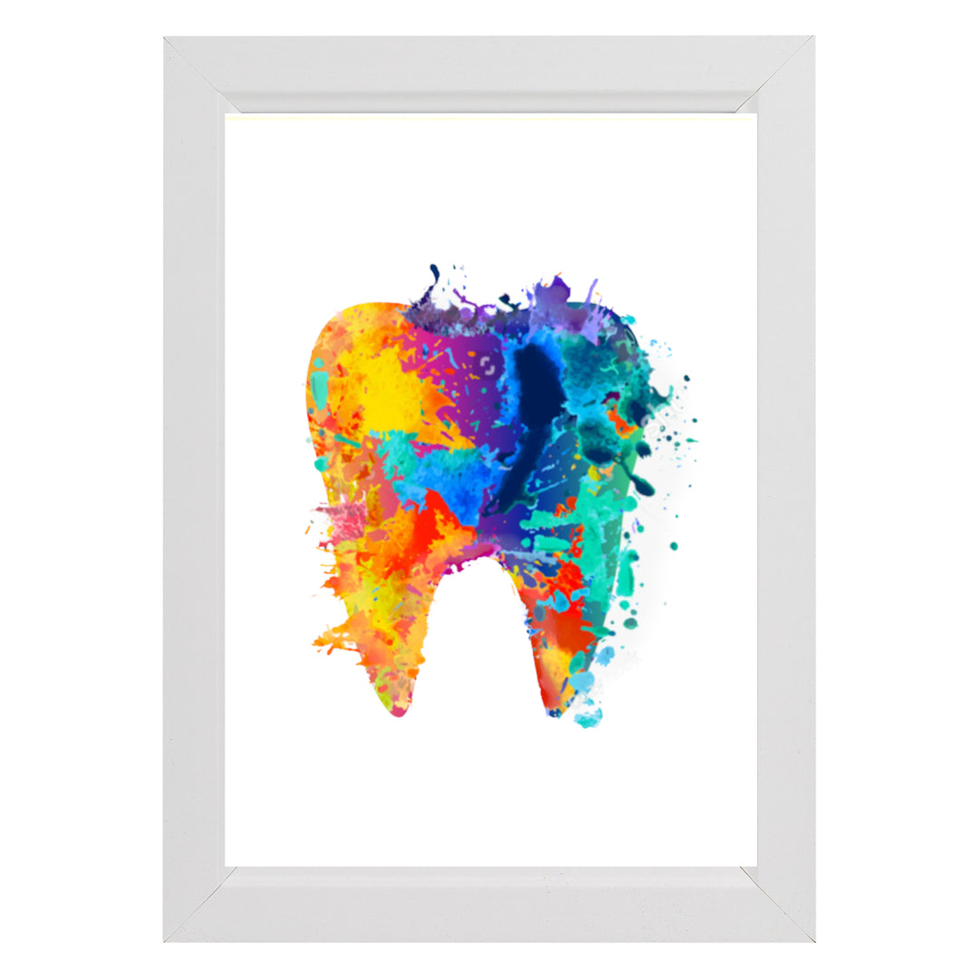 A framed print featuring an abstract tooth design, displayed on a wall, adding a modern touch to dental-themed decor.