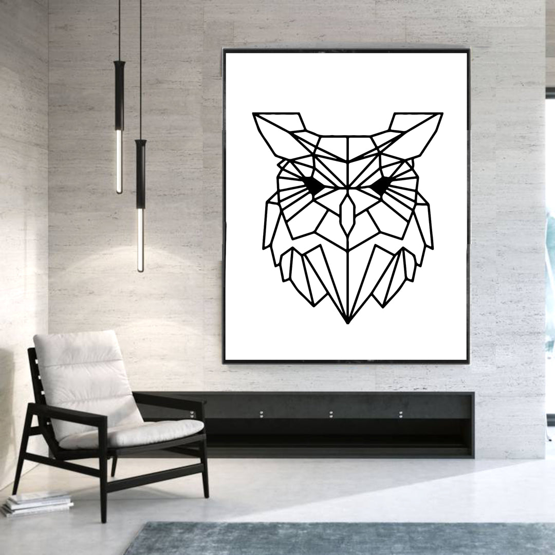 An abstract geometric print of an owl in black lines on a white background, designed on 100% cotton canvas.