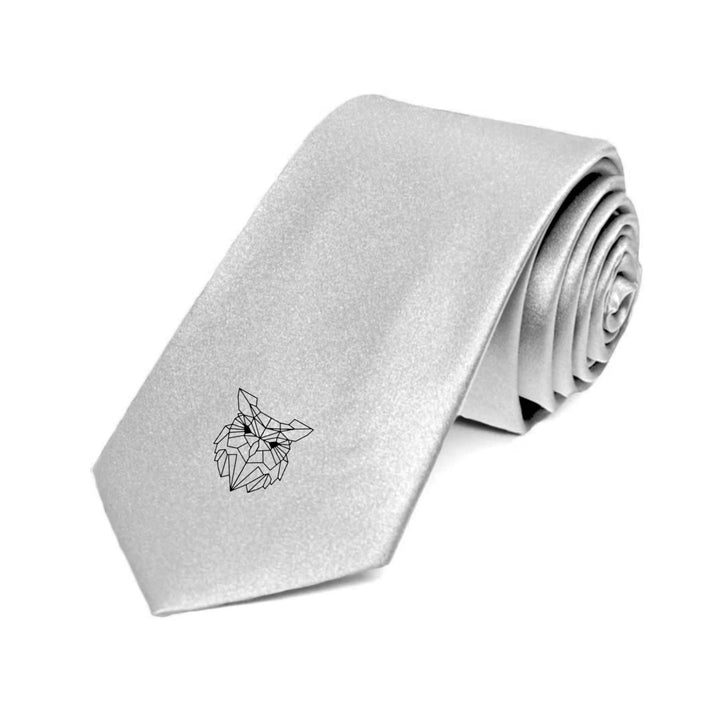 A silver silk tie featuring a geometric abstract owl design, ideal for veterinary professionals.