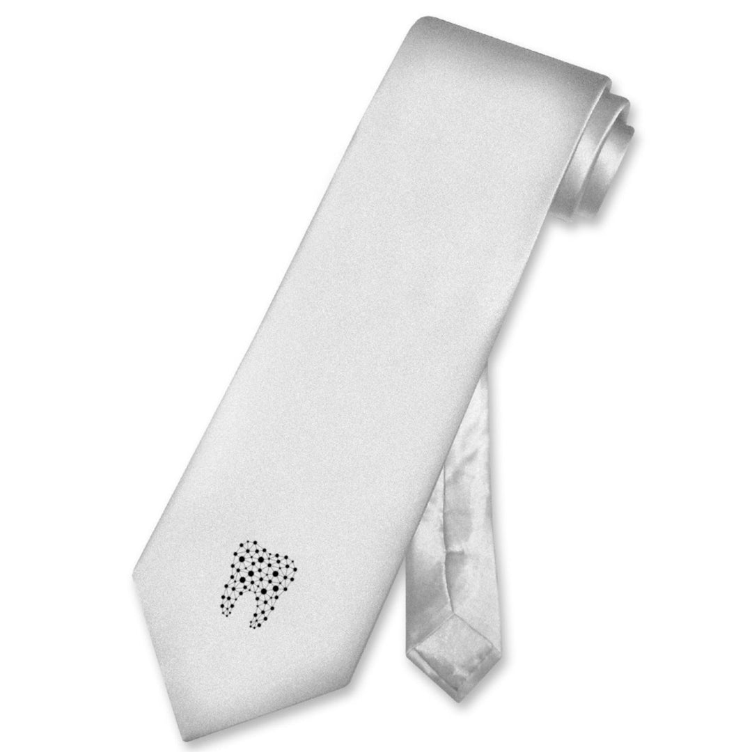 A sleek silver silk tie featuring an abstract tooth design, elegantly rolled and displayed, perfect for dental professionals looking to add a stylish touch to their attire.