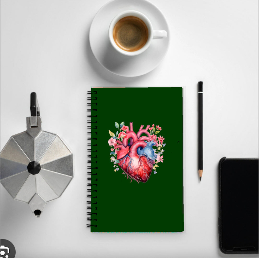 Floral anatomical heart notebook, beautifully designed for healthcare professionals and anatomy enthusiasts to jot down notes and ideas.