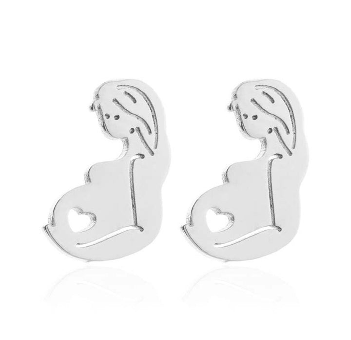 A pair of silver stud earrings shaped like a baby in the uterus, designed to celebrate pregnancy and motherhood with a polished finish.