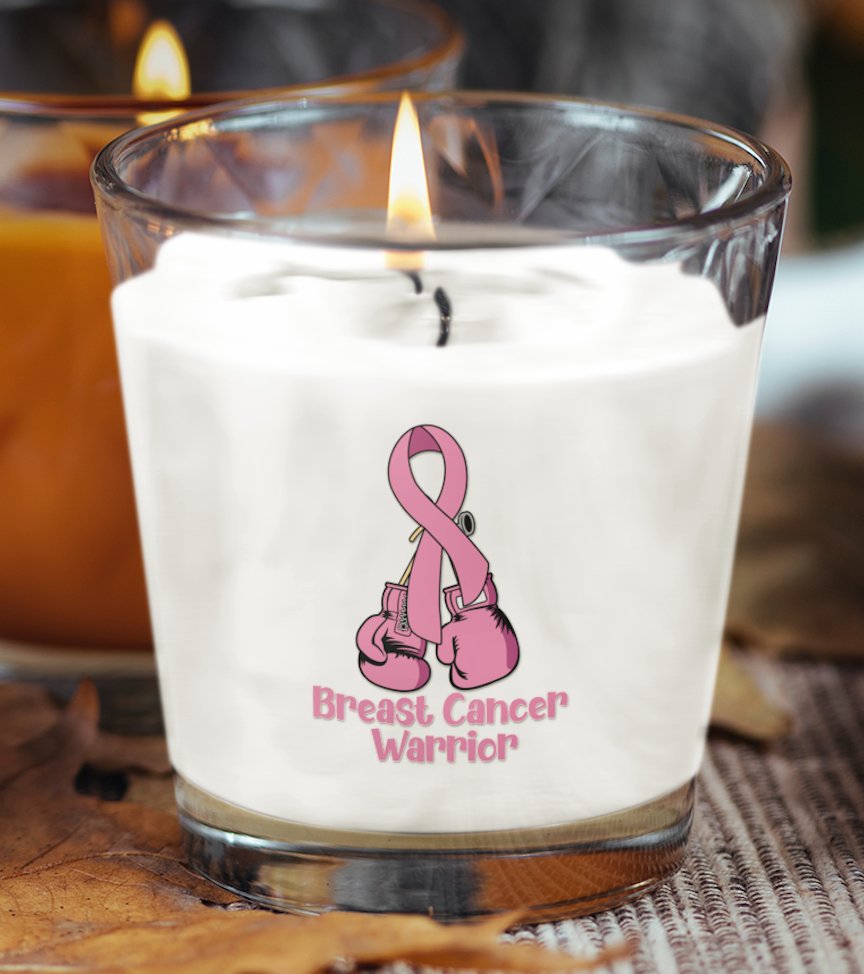 Breast Cancer Warrior Scented Candle - A beautifully crafted candle dedicated to breast cancer warriors, featuring a heartfelt label and soothing fragrance to inspire strength and support.