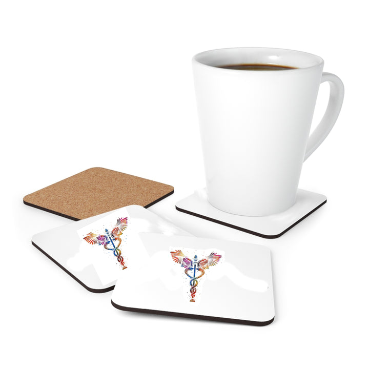 Set of 4 Caduceus medical symbol coasters, perfect for health professionals and medical practitioners to add a touch of professionalism to their office or waiting room decor.