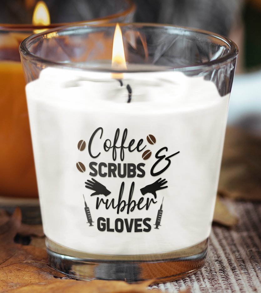 Coffee Scrubs and Rubber Gloves Design Scented Candle, featuring a playful medical-themed design perfect for healthcare professionals.