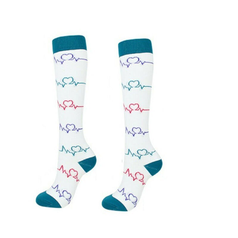 Lightweight everyday compression socks in teal and white ECG pattern, designed for comfort and support during daily activities.