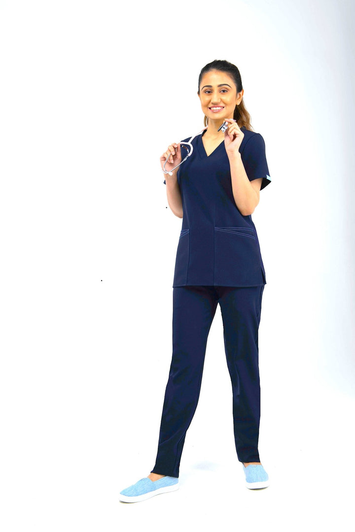 Madeleine 4 Pocket Contrast Stitch Scrub Top Midnight Navy