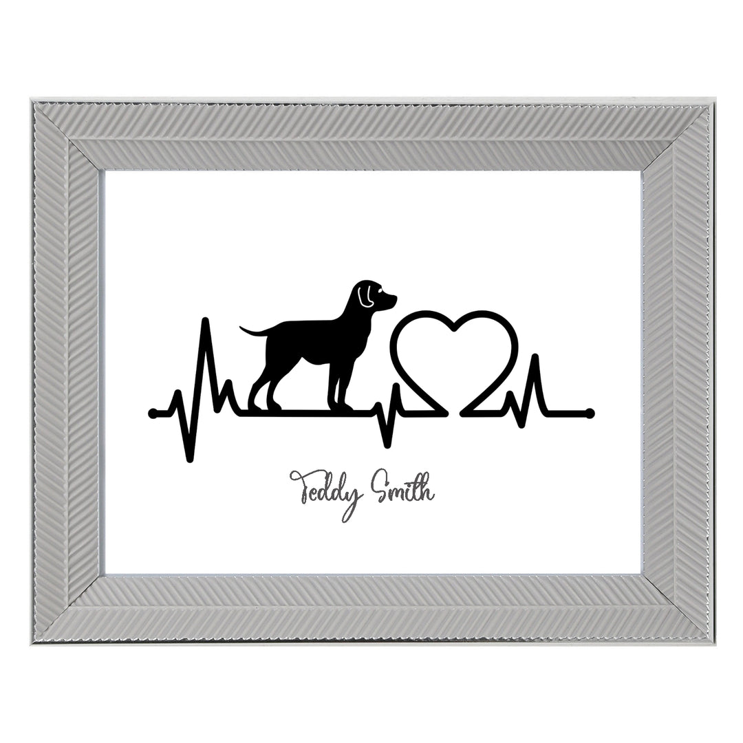 Dog Breed Heartbeat Framed Print showcasing a heart-shaped heartbeat design with illustrations of various dog breeds, perfect for pet lovers and dog enthusiasts.