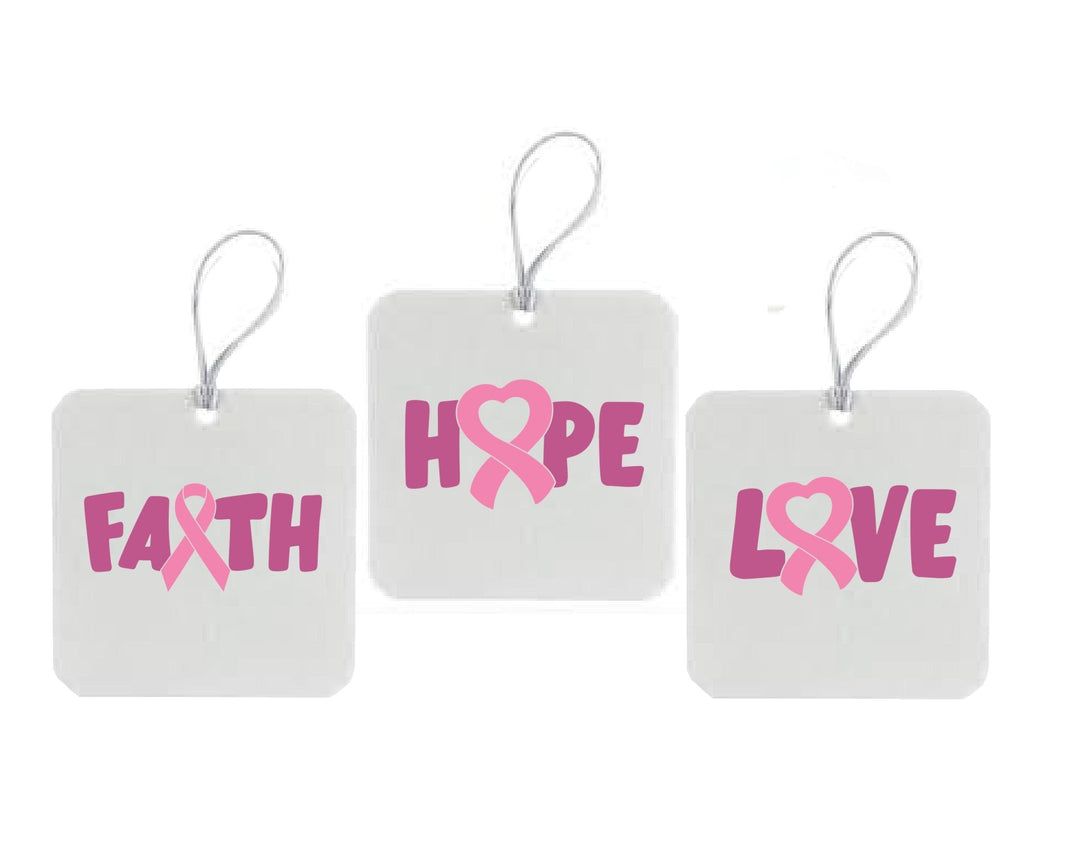 Faith Hope Love Cancer Awareness Air Freshener - Pack of 3 - A set of air fresheners featuring inspirational messages for cancer awareness, designed to uplift and promote hope.