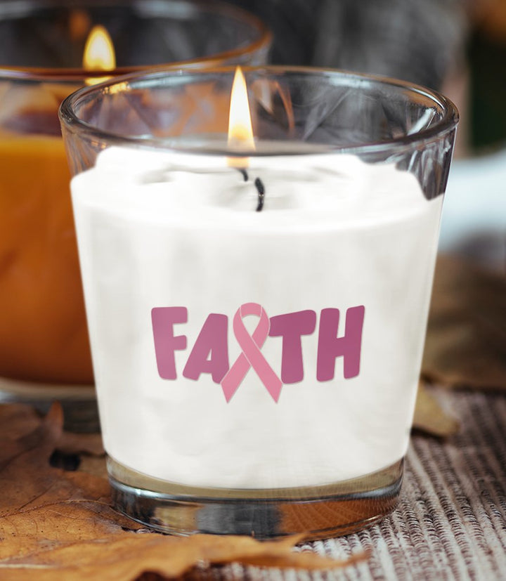 Breast Cancer Faith, Hope, and Love Scented Pink Ribbon Candles - Beautifully crafted candles featuring a pink ribbon design, representing breast cancer awareness and filled with soothing scents to promote relaxation and support