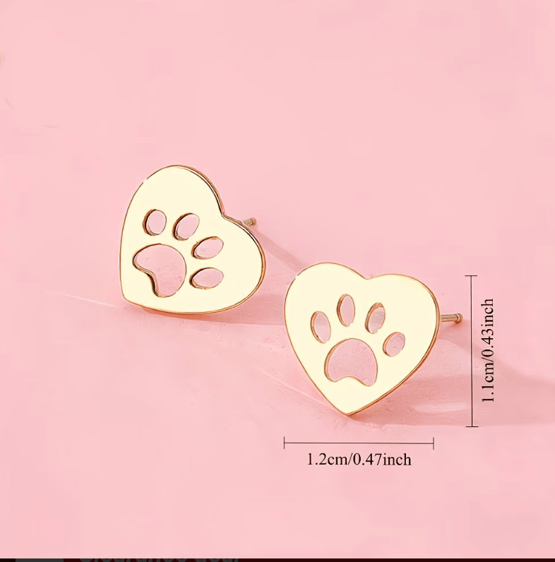 Heart Paw Shaped Stud Earrings  Gold
