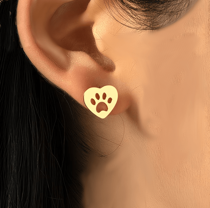 Heart Paw Shaped Stud Earrings  Gold