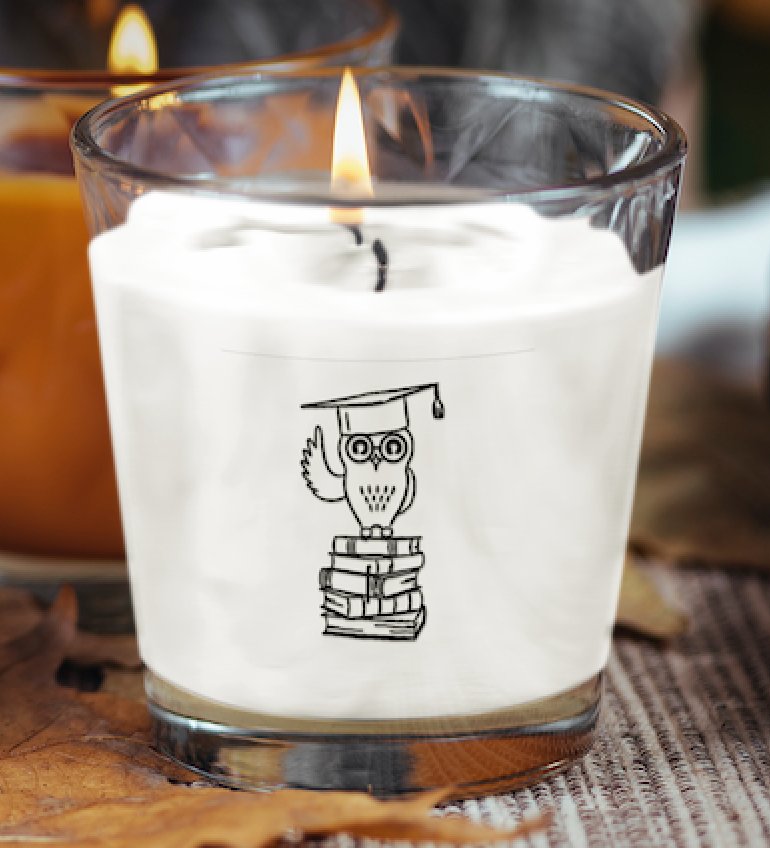 Graduation Wise Owl Scented Candle - A charming scented candle featuring a wise owl design, perfect for celebrating graduation while providing soothing aromas for relaxation and ambiance.