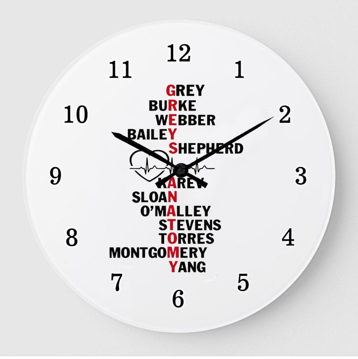 Grey's Anatomy wall clock featuring a stylish design inspired by the iconic series, perfect for adding a touch of fandom to any room or office.