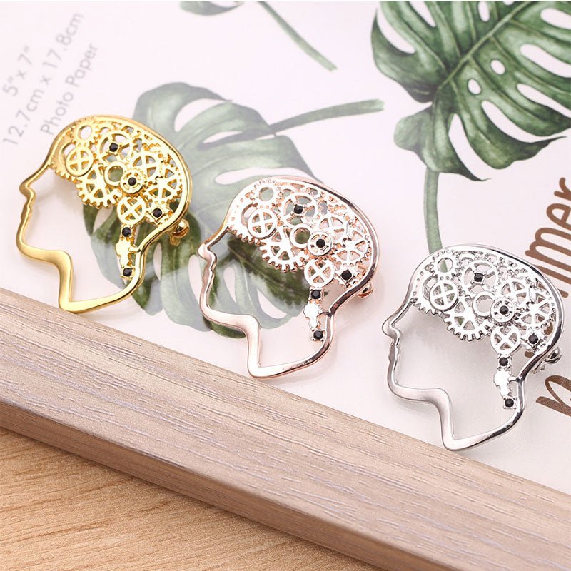 Brain Cog Wheel Thoughts and Feelings Lapel Pin Brooch - Gold