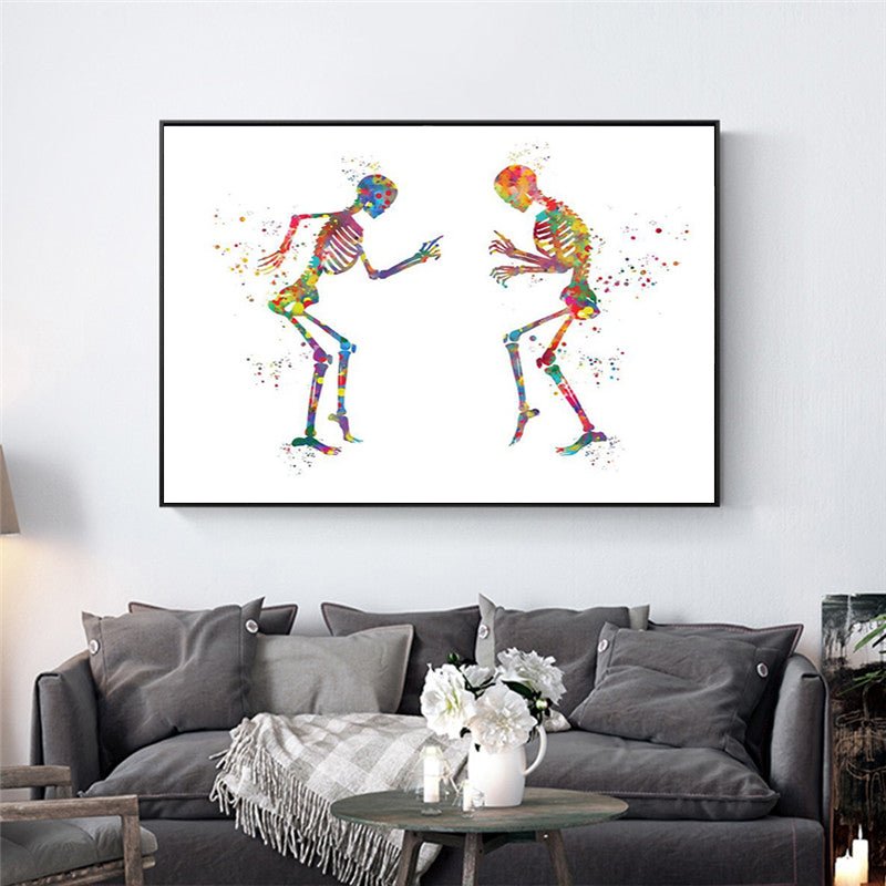 Skeletons Dancing 100% Cotton Canvas Watercolour Print - A playful decor choice for social care and educational settings, promoting joy and community engagement.