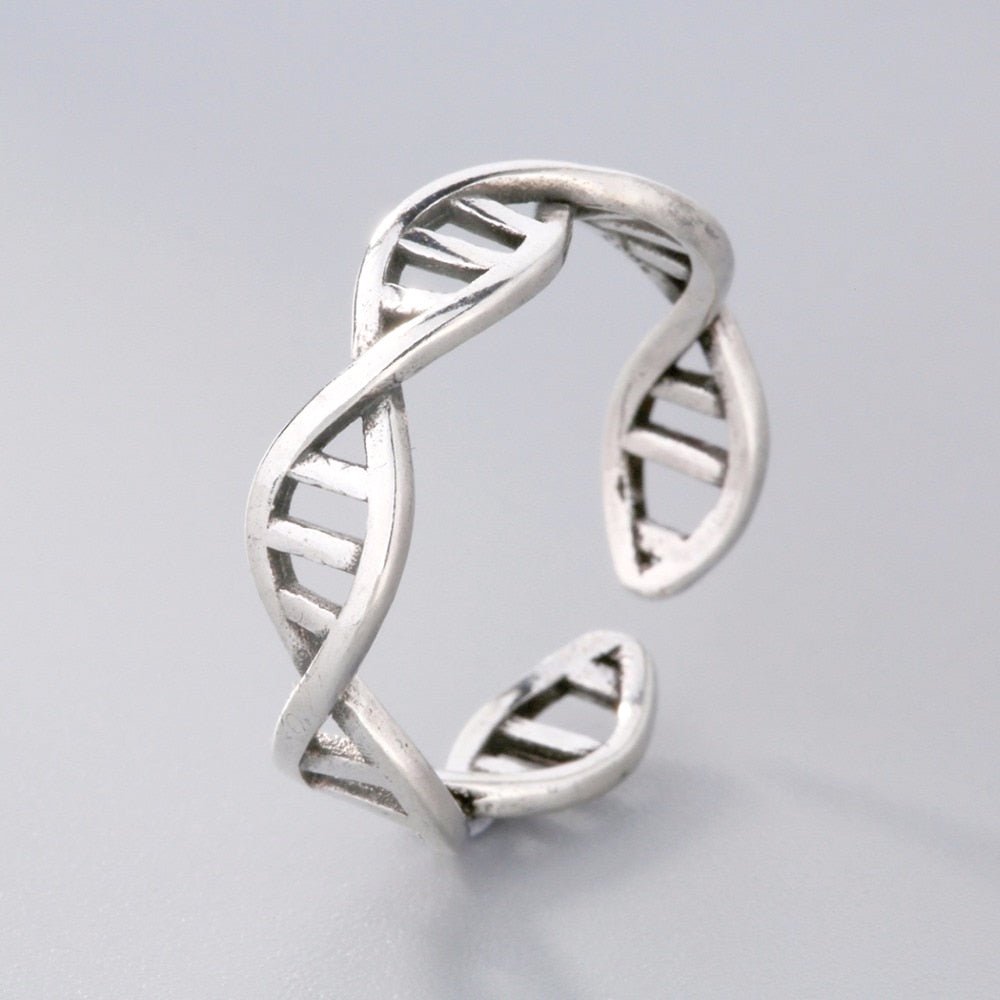 Stylish DNA Double Helix Silver Ring, designed for professionals in Health, Dentistry, Veterinary, and Education, celebrating a love for genetics and science.