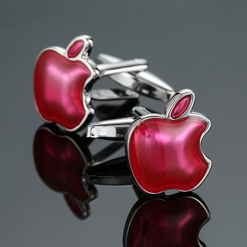 Stylish bitten apple cufflinks in red and silver, perfect accessory for educators and professionals in creative fields.