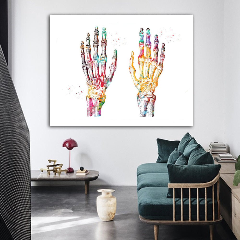 Skeleton Hand Phalanx Bones 100% Cotton Canvas Watercolour Print - A great educational tool for health and dentistry professionals, ideal for enhancing anatomy learning environments.