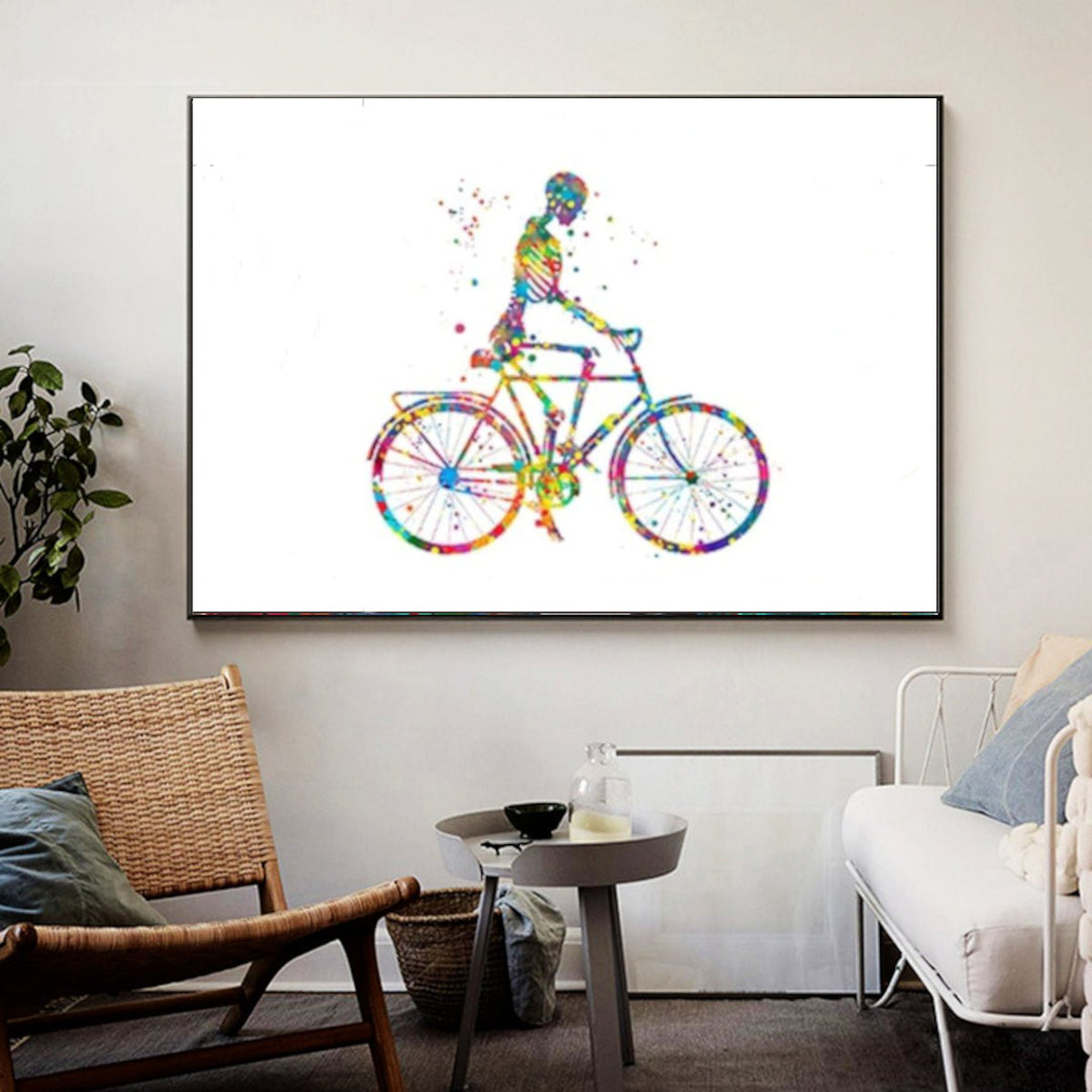 Skeleton Cycling - A vibrant watercolor print on 100% cotton canvas, featuring a whimsical illustration of a skeleton riding a bicycle, perfect for adding a playful and artistic touch to any space.