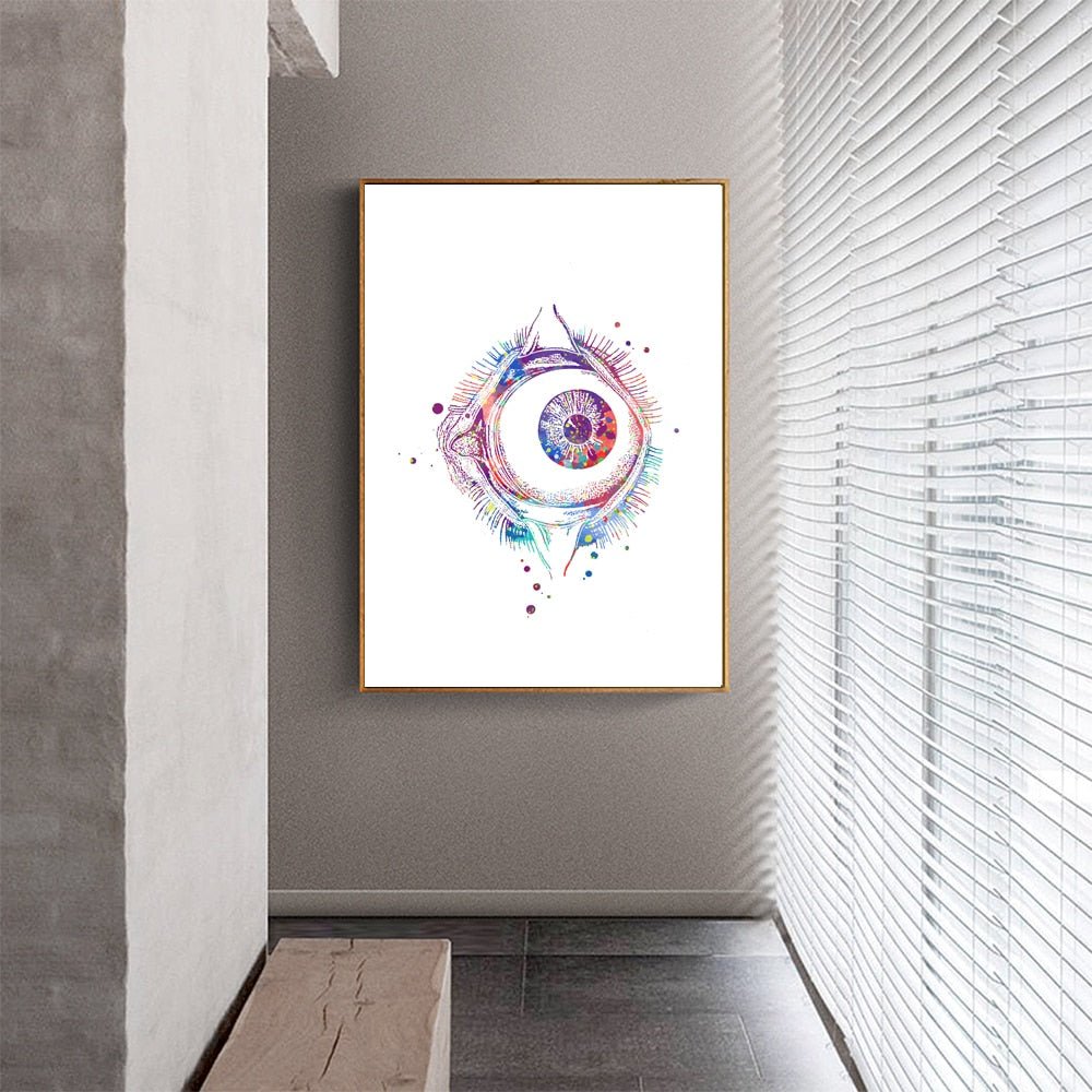 Human Eye Watercolour Print on 100% Cotton Canvas, showcasing a detailed and vibrant depiction of an eye in rich colors. This captivating artwork is perfect for art lovers and adds a striking focal point to any decor.