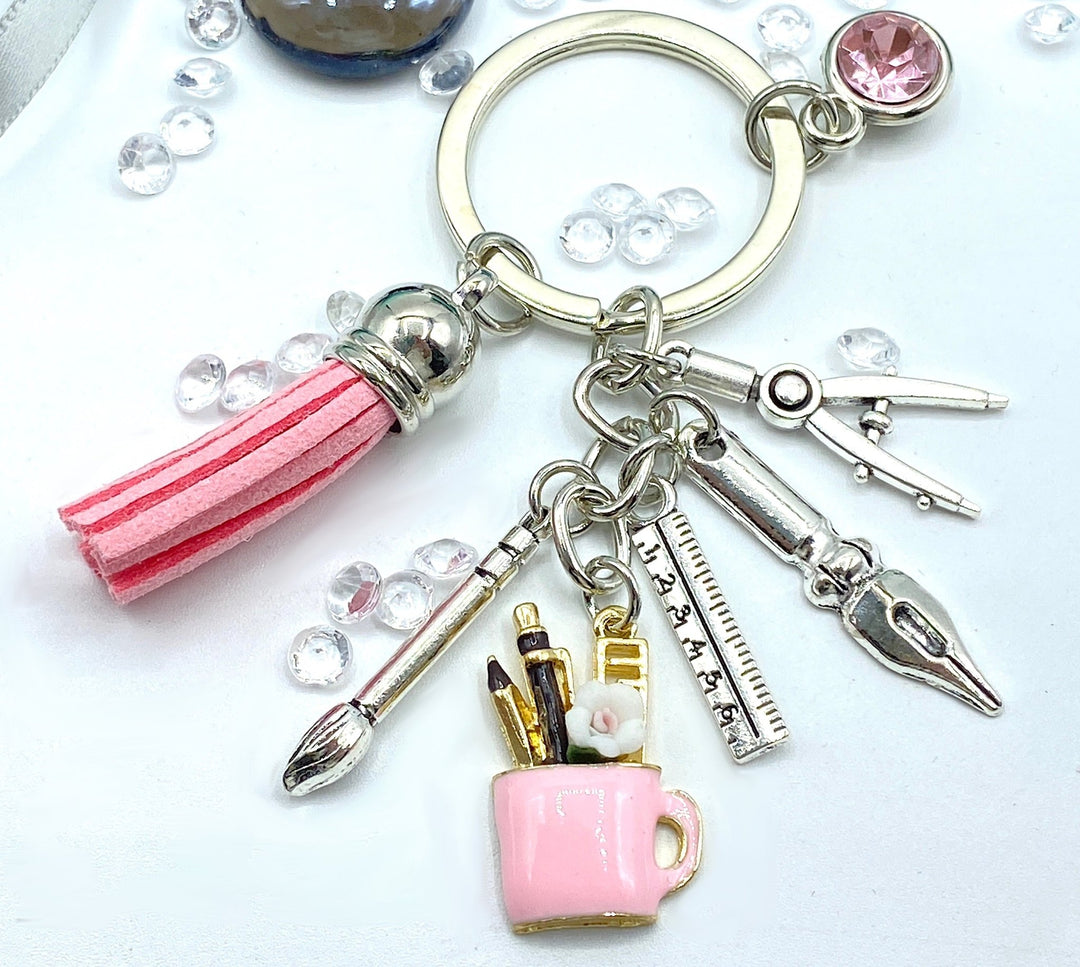 Teacher Education Equipment Charms Keyring - A charming keyring featuring various education-themed charms, perfect for teachers to showcase their passion for education while keeping keys organized.