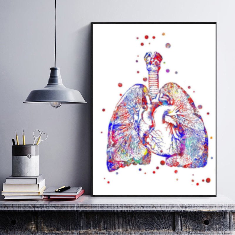 Lungs and Heart cross section watercolor print on 100% cotton canvas, illustrating human anatomy in vibrant detail.