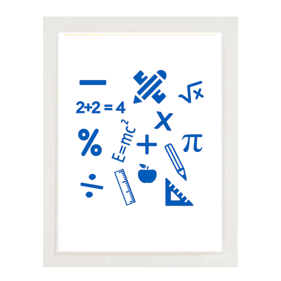 Framed print featuring a creative arrangement of various Maths symbols, perfect for classrooms or home offices, celebrating the beauty of mathematics.