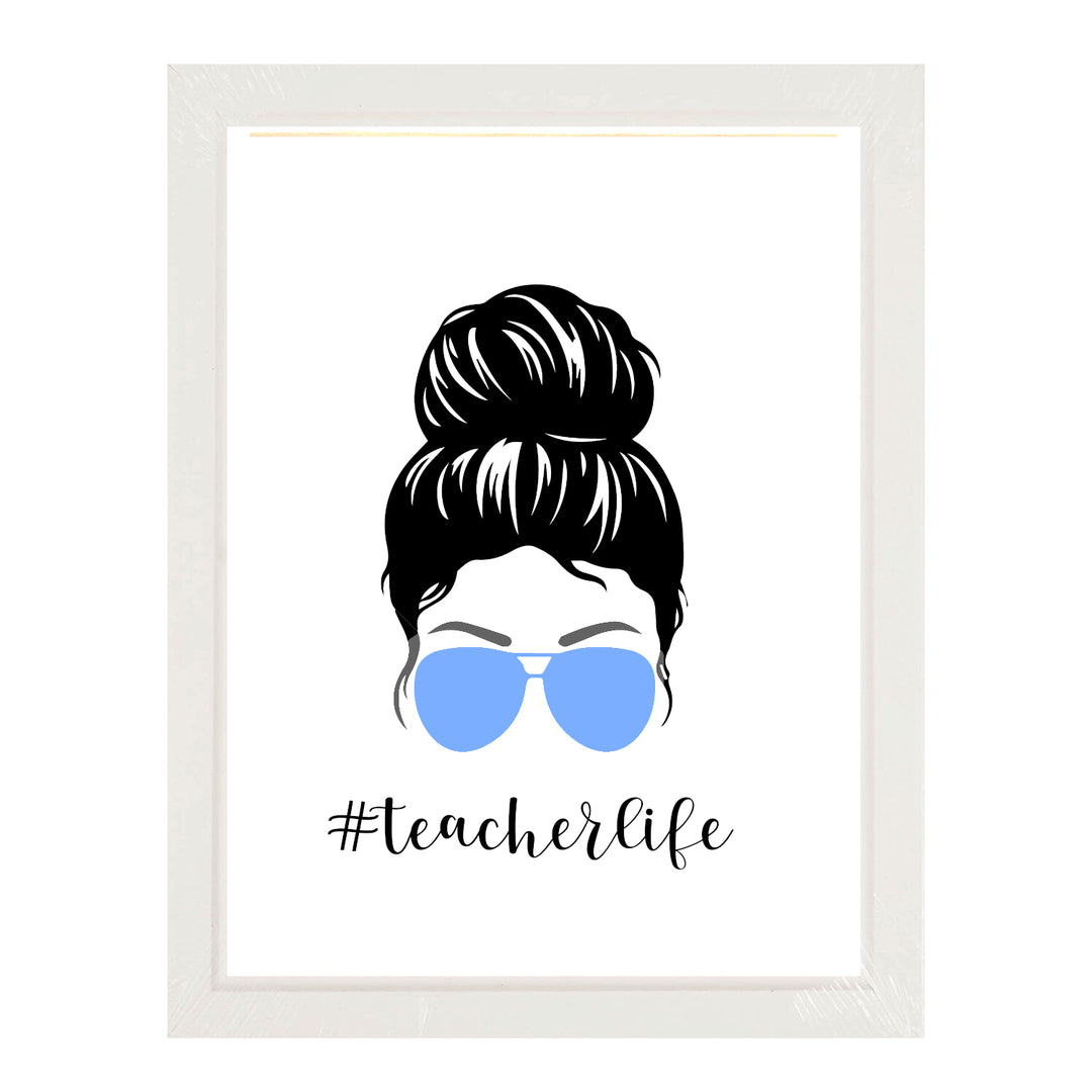 Teacher Life Blue Messy Bun Framed Print - A charming framed print featuring a playful design of a blue messy bun, celebrating the fun and relatable side of being a teacher.