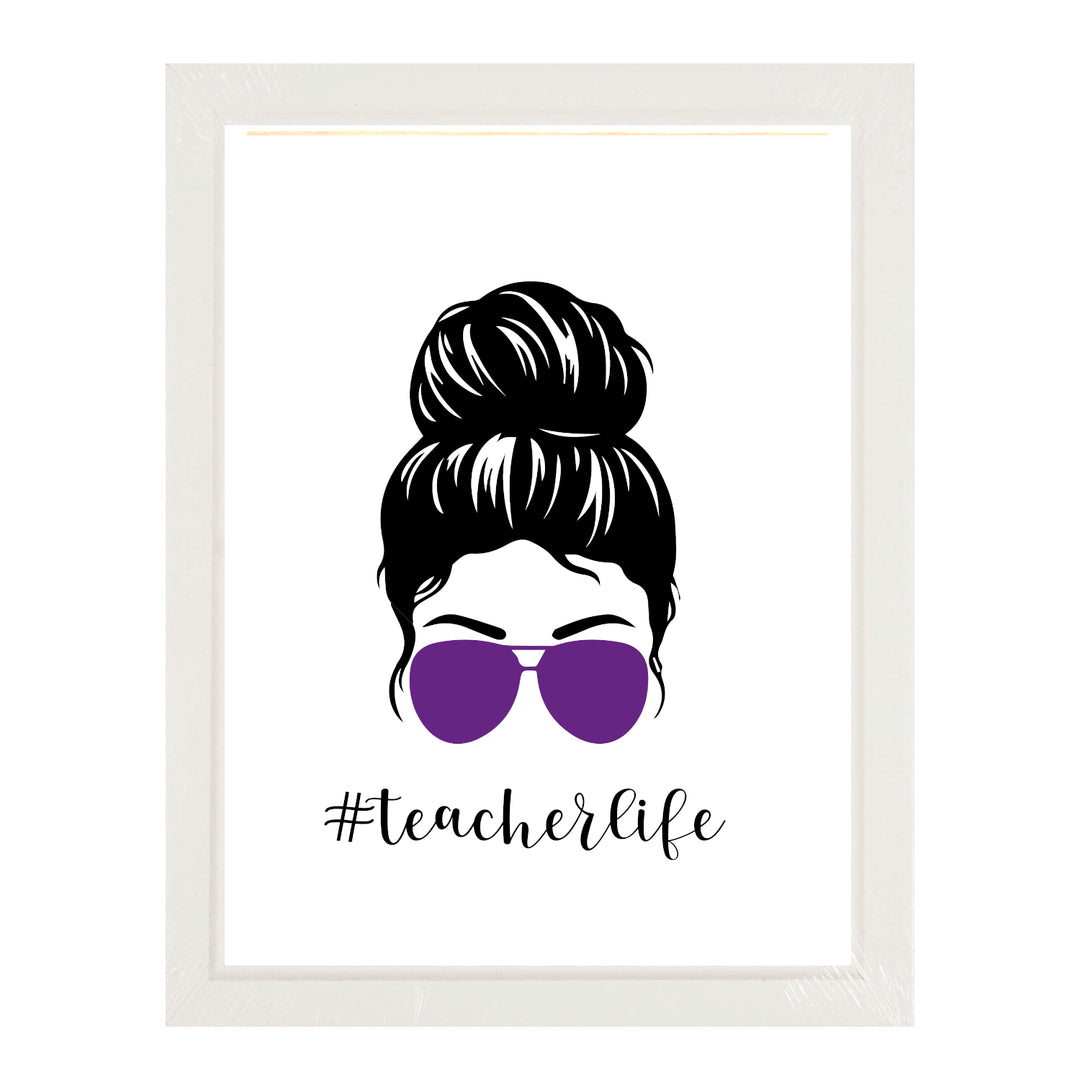 Teacher Life Purple Messy Bun Framed Print - A delightful framed print showcasing a whimsical purple messy bun design, embodying the playful and dedicated spirit of educators.