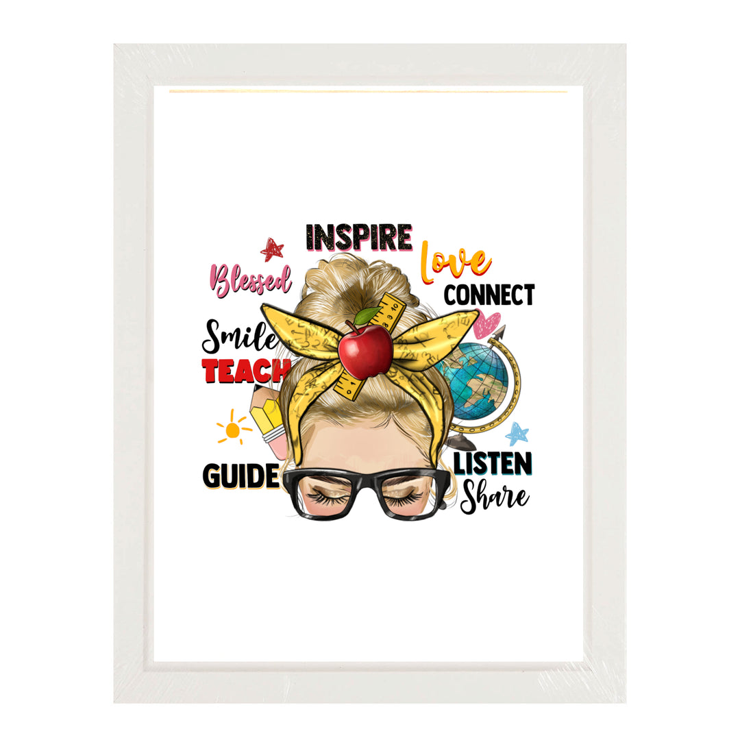 Framed artwork featuring a blonde messy bun hairstyle, perfect for hairstylists and beauty professionals looking for inspirational decor.