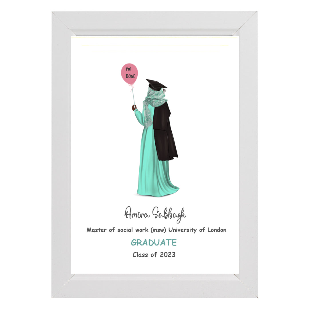 Graduation Muslim Woman Framed Print - A beautifully crafted framed art piece depicting a proud Muslim woman in graduation attire, celebrating her academic achievement with elegance and grace.