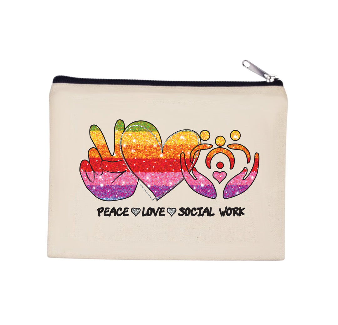 Stylish make-up bag and pencil case featuring a 'Peace Love Social Work' design, perfect for organizing essentials and showcasing your passion for social work.