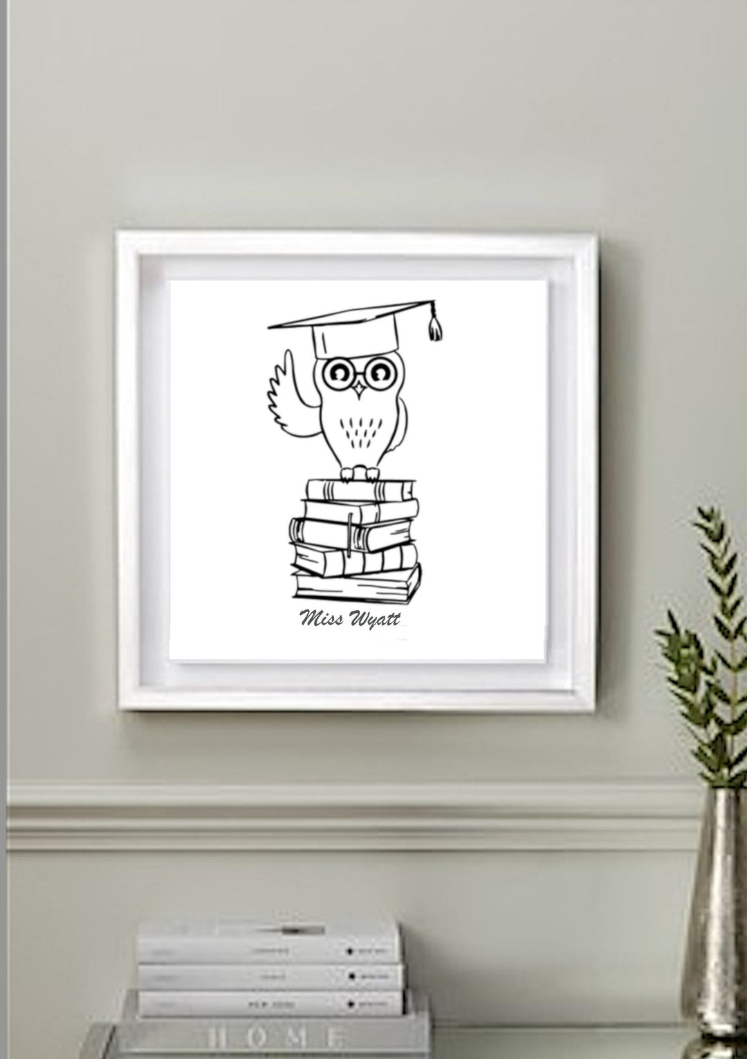 Graduation Wise Owl Framed Print - An enchanting framed art piece featuring a wise owl wearing a graduation cap, symbolizing knowledge and achievement, perfect for celebrating graduation milestones."