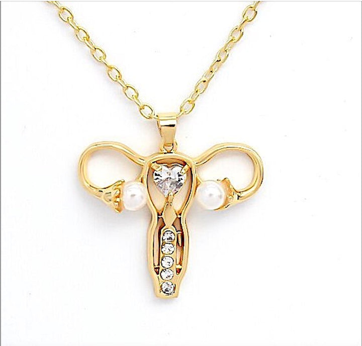 Uterus Diamante Pendant Necklace- Gold