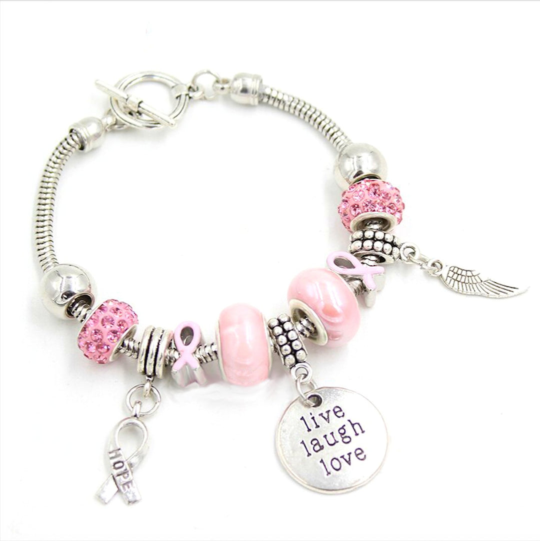 Live, Laugh, Love Breast Cancer Bracelet in silver with pink accents, symbolizing support and awareness for breast cancer.