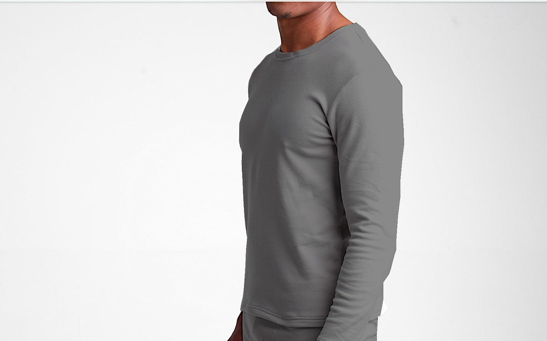 Men's Supreme-Soft Plus Thermal Base Layer Top in charcoal grey, designed for exceptional warmth and comfort. Perfect for layering in cold weather, featuring a soft, brushed interior and four-way stretch for optimal fit.