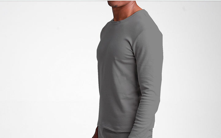 Men's Supreme-Soft Plus Thermal Base Layer Top in charcoal grey, designed for exceptional warmth and comfort. Perfect for layering in cold weather, featuring a soft, brushed interior and four-way stretch for optimal fit.