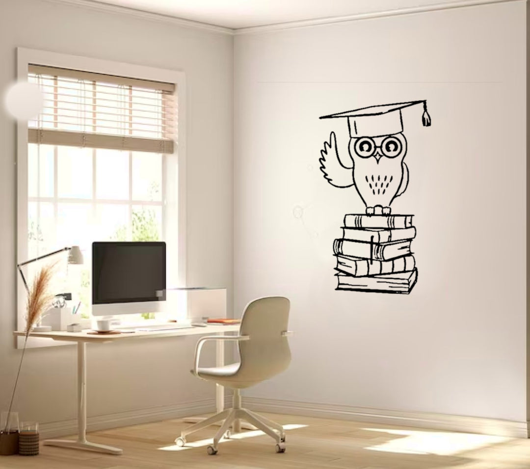 Graduation Wise Owl Wall Decal - A charming and inspirational wall decal featuring a wise owl in graduation attire, perfect for decorating a child's room or study area to celebrate academic achievements.