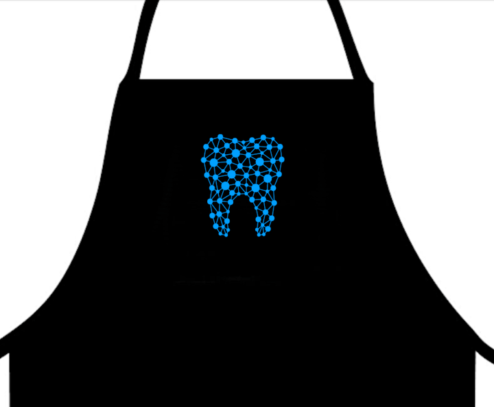 A colorful apron featuring an abstract tooth design, ideal for dental professional