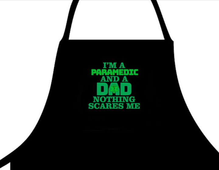 Stylish apron designed for paramedics and dads, featuring pockets for tools and a fun graphic that showcases pride in both professions.