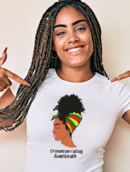 A white t-shirt with a black and brown illustration of a Black woman with an afro and headwrap in red, yellow, and green colors. Below the illustration, the words "Commemorating Juneteenth" are printed in black. This shirt would be a perfect way for health, veterinary, education, dentistry and social care professionals to show their support for the Juneteenth holiday and the emancipation of slaves.