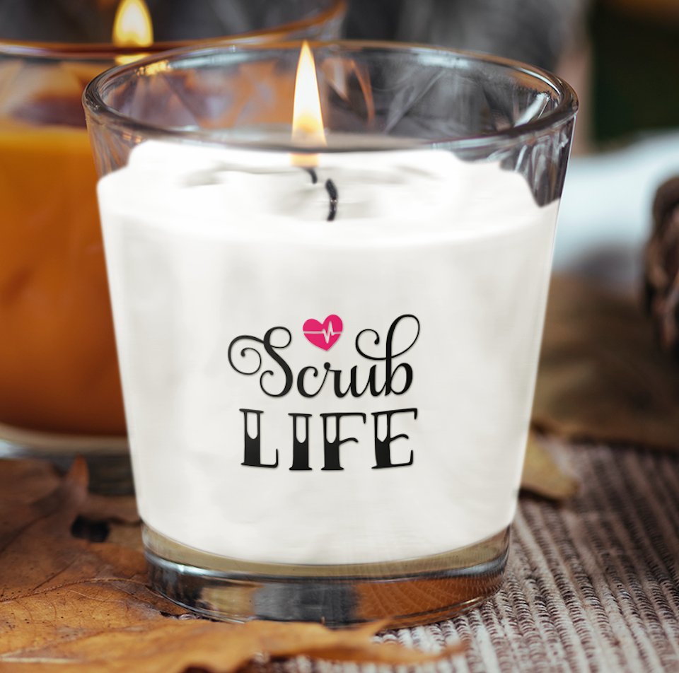 Scrub Life design scented candle featuring a calming fragrance, perfect for healthcare professionals looking to relax after a long shift.