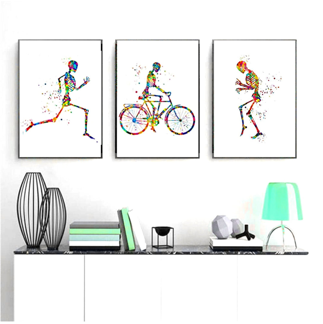 Skeletons Exercising Set of 3 - 100% Cotton Canvas Watercolour Print - Ideal for health and fitness professionals, promoting physical activity and wellness in clinics and educational facilities.